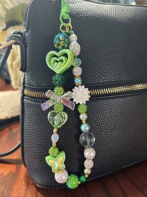 7" Green Purse/Backpack dangle w/glass and acrylic beads