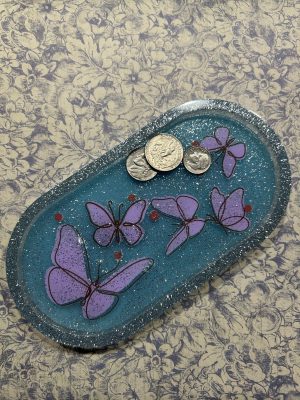7 1/4" x 3 3/4"  Blue acrylic trinket tray with silver glitter and purple butterfly's