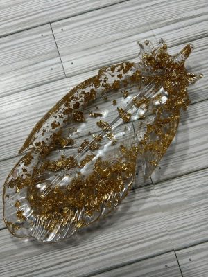 9"x 4.25" clear acrylic feather trinket tray loaded w/gold leaf