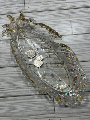 9"x 4.25" Clear feather trinket tray w/ little gold and silver stars
