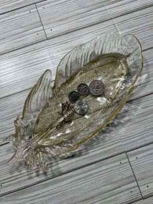 9"x 4.25" Clear with gold glitter acrylic feather trinket tray